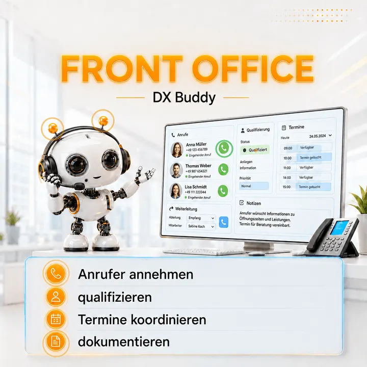 Animierter Front Office dx-Buddy für Anrufe, Qualifizierung, Termine und Dokumentation