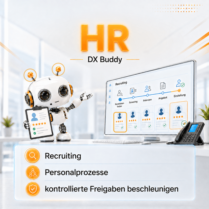 Animierter HR dx-Buddy für Recruiting, Personalprozesse und kontrollierte Freigaben