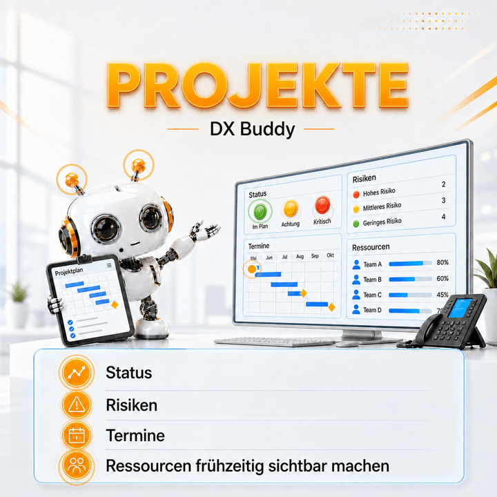 Animierter Projekte dx-Buddy für Status, Risiken, Termine und Ressourcen