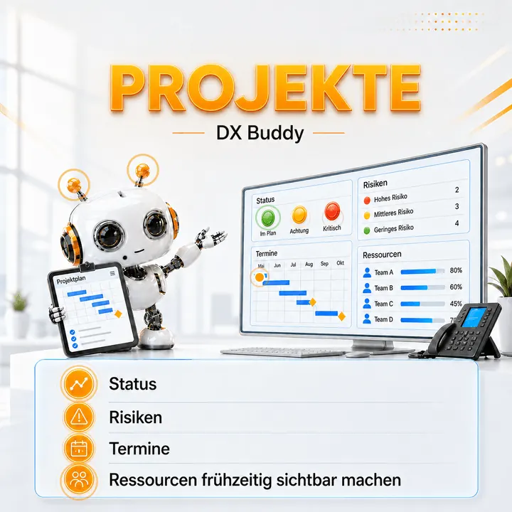 Animierter Projekte dx-Buddy für Status, Risiken, Termine und Ressourcen
