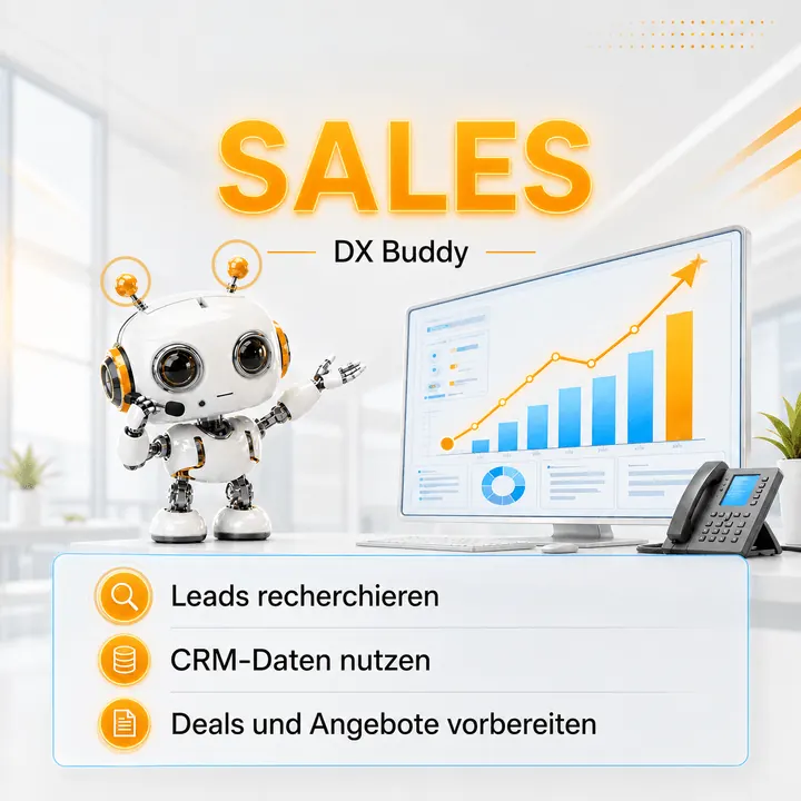 Animierter Sales dx-Buddy für Lead-Recherche, CRM-Daten, Deals und Angebote